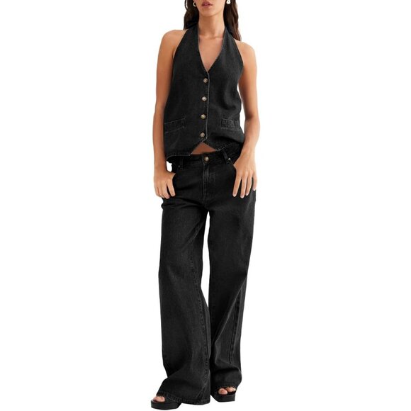Black Fisoew Women Two Piece Denim Jacket Backless Top And Wide Leg Jeans Set
